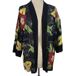 floral  embroidery black chiffon kimono Medium boho glam grandma witchy
